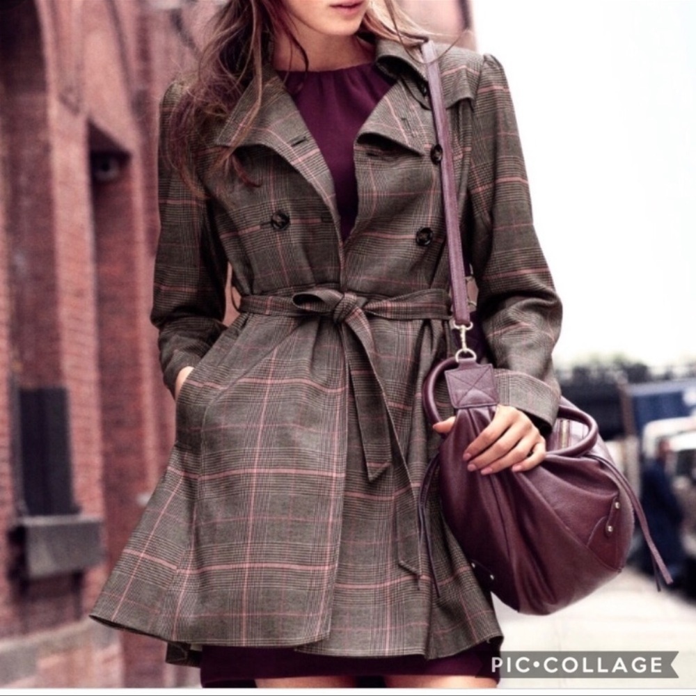 H&M Plaid Gray & Pink Pea Coat Size 4
